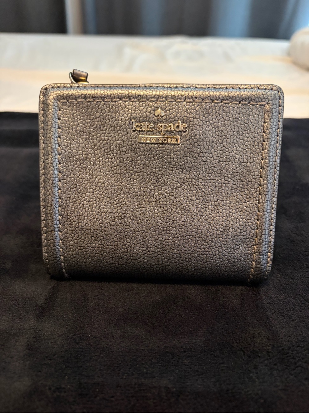 kate spade metallic gray pebbled leather zip wallet